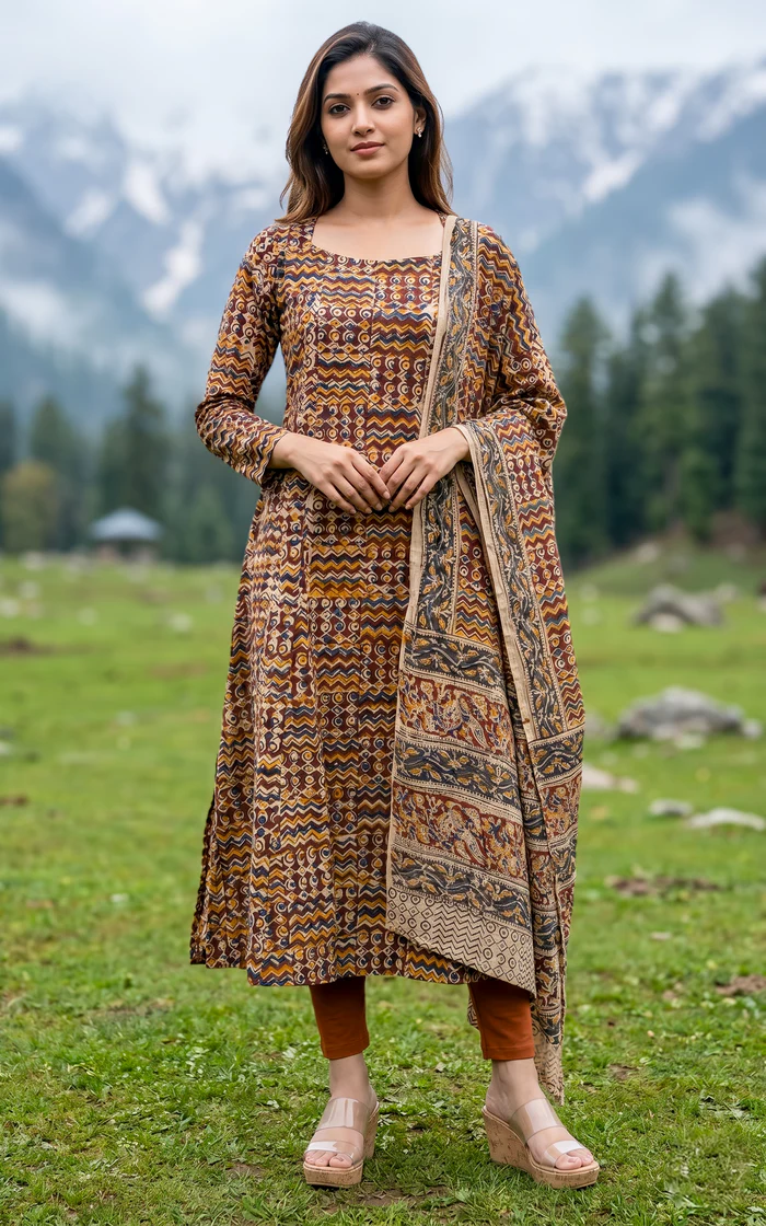 Traditional Block Printed Kurti Set – Brown & Rust